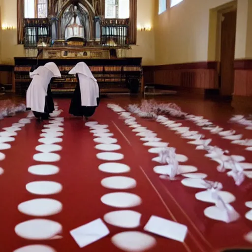 Image similar to award winning photo of nuns playing twister in a sanctuary —width 1024 —height 1024