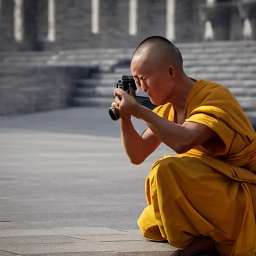 Image similar to a shaolin monk looking down the scope of a sniper rifle directly at the camera