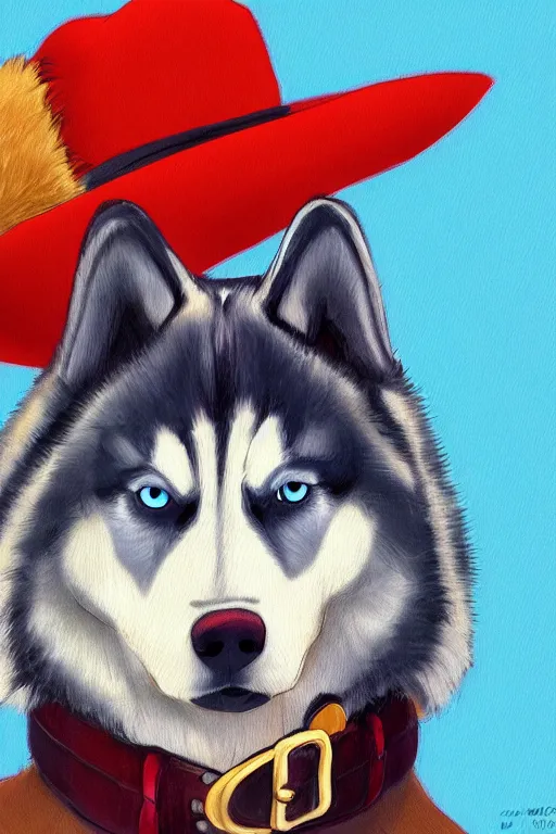 Prompt: a portrait painting of a husky in cowboy costume, wearing a cowboy hat, by [ studio ghibli ], in the style of anime, [ red dead ], trending on artstation