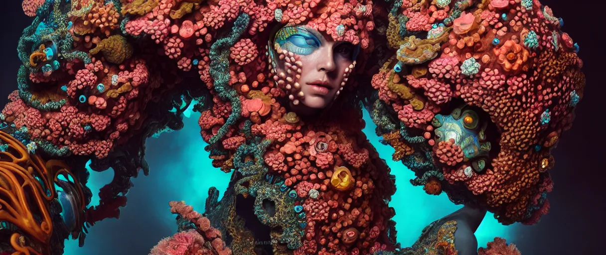 Image similar to hyperrealist highly detailed english medieval portrait of high fashion monster wearing reef armor, radiating atomic neon corals, concept art pascal blanche dramatic studio lighting 8k wide angle shallow depth of field