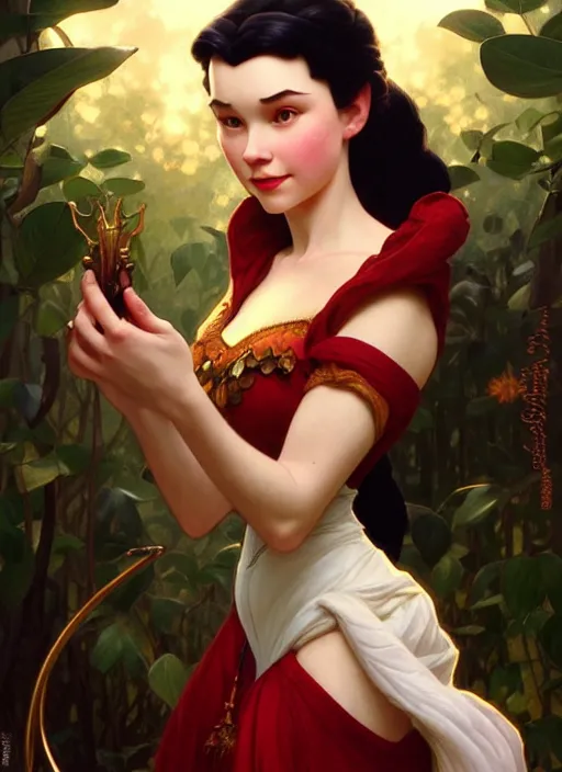 Image similar to portrait of disney snowhite, intricate, elegant, highly detailed, my rendition, digital painting, artstation, concept art, smooth, sharp focus, illustration, art by artgerm and greg rutkowski and alphonse mucha and uang guangjian and gil elvgren and sachin teng, symmetry!!