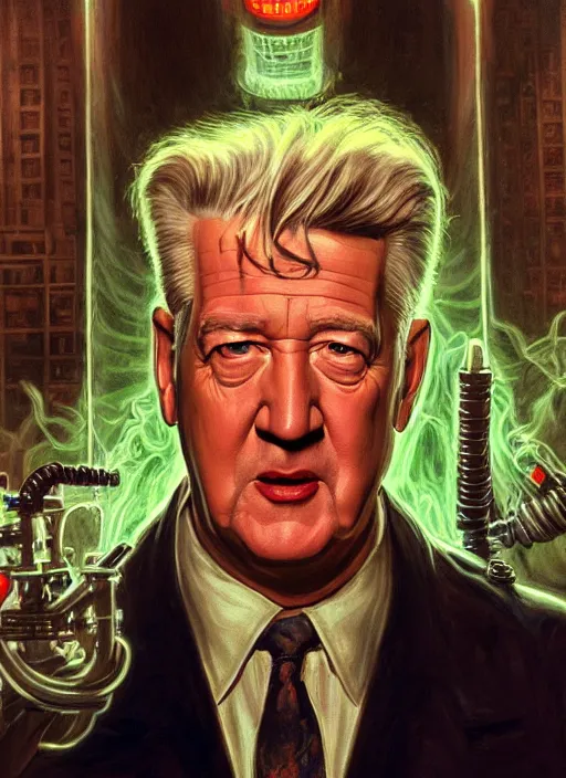 Image similar to portrait of david lynch in ghostbusters ( 1 9 8 4 ), highly detailed, centered, solid color background, digital painting, artstation, concept art, smooth, sharp focus, illustration, donato giancola, joseph christian leyendecker, les edwards, ed repka, wlop