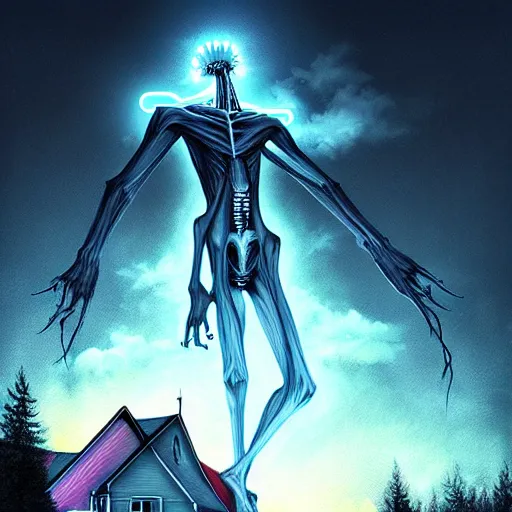 Prompt: Tim Jacobus art, Wendigo in suburbs, outside, upward angle, neon colors, spooky lighting, clouds, artgerm, painting, Goosebumps, realistic, horror