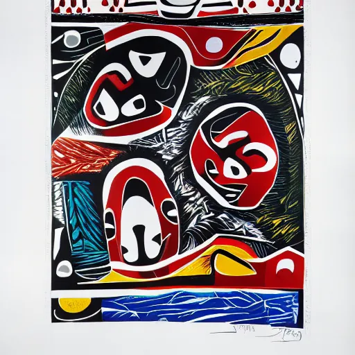 Image similar to tlingit haida lithographic, havanese dog, abstract, lithograph print by nathan jackson and tristan - wolf and maynard johnny jr. and cori savard