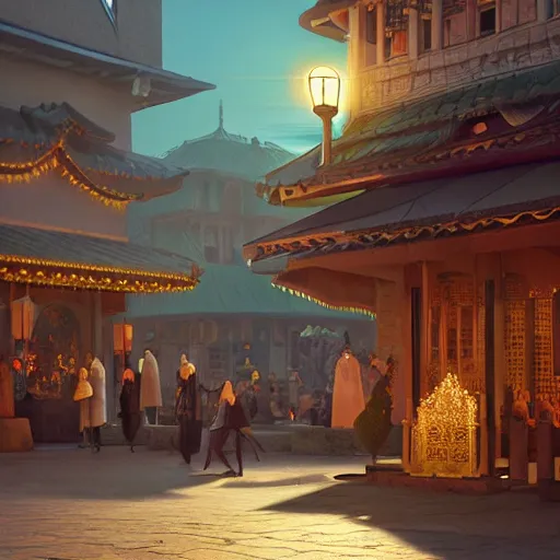 Image similar to an art deco townsquare in a oriental medieval fantasy village. incredible voluminous indirect soft glow cinematic lighting, hyperdetailed features, movie still, intricate, octane render, unreal engine, crepuscular rays, god rays, by beeple and rhads and donato giancola