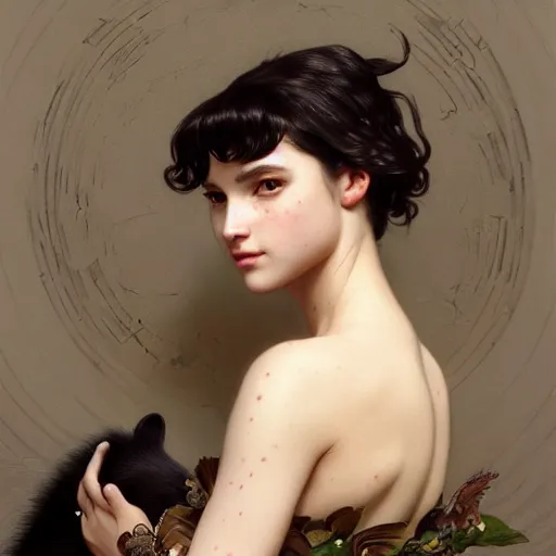 Prompt: portrait of a skunk girl, furry body, full body, intricate, elegant, highly detailed, digital painting, artstation, concept art, smooth, sharp focus, illustration, art by artgerm and greg rutkowski and alphonse mucha and william - adolphe bouguereau
