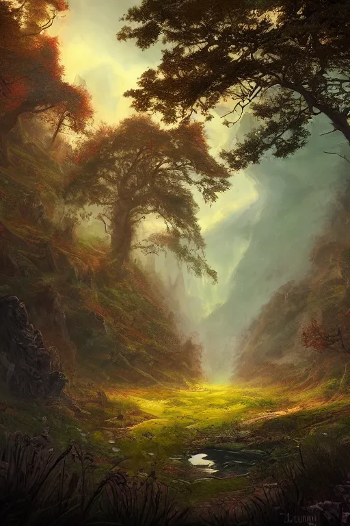 Prompt: beautiful matte painting by lovecraftian style, fantasy path mountains and meadow in the background near a lake reflecting the trees, atmospheric lighting, painted, intricate, volumetric lighting, beautiful, rich deep colors masterpiece, sharp focus, ultra detailed by