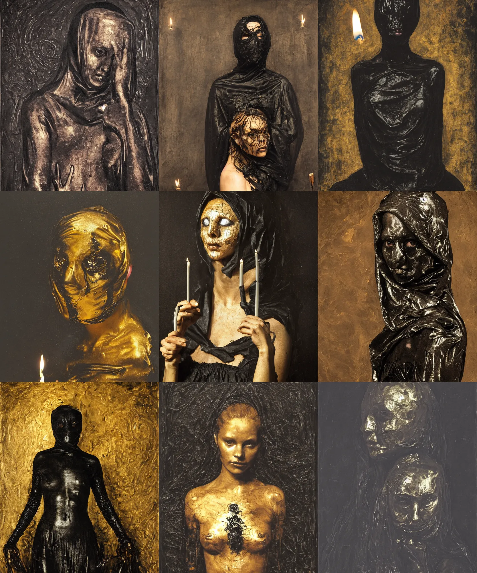 Prompt: Beautiful woman in steel occult mask and black crown covered with wax from many burned candles, by Nicola Samori, Ilya Repin, William Blake, Michelangelo da Caravaggio, black background, full body portrait, highly detailed oil painting, trending on artstation, 4k, masterpiece