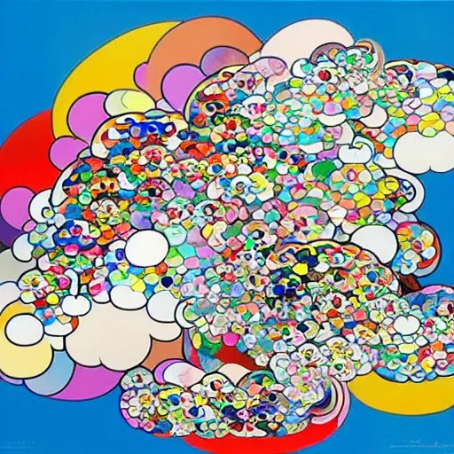 Prompt: colorful dragons swirling in the fluffy cloud, painted by takashi murakami