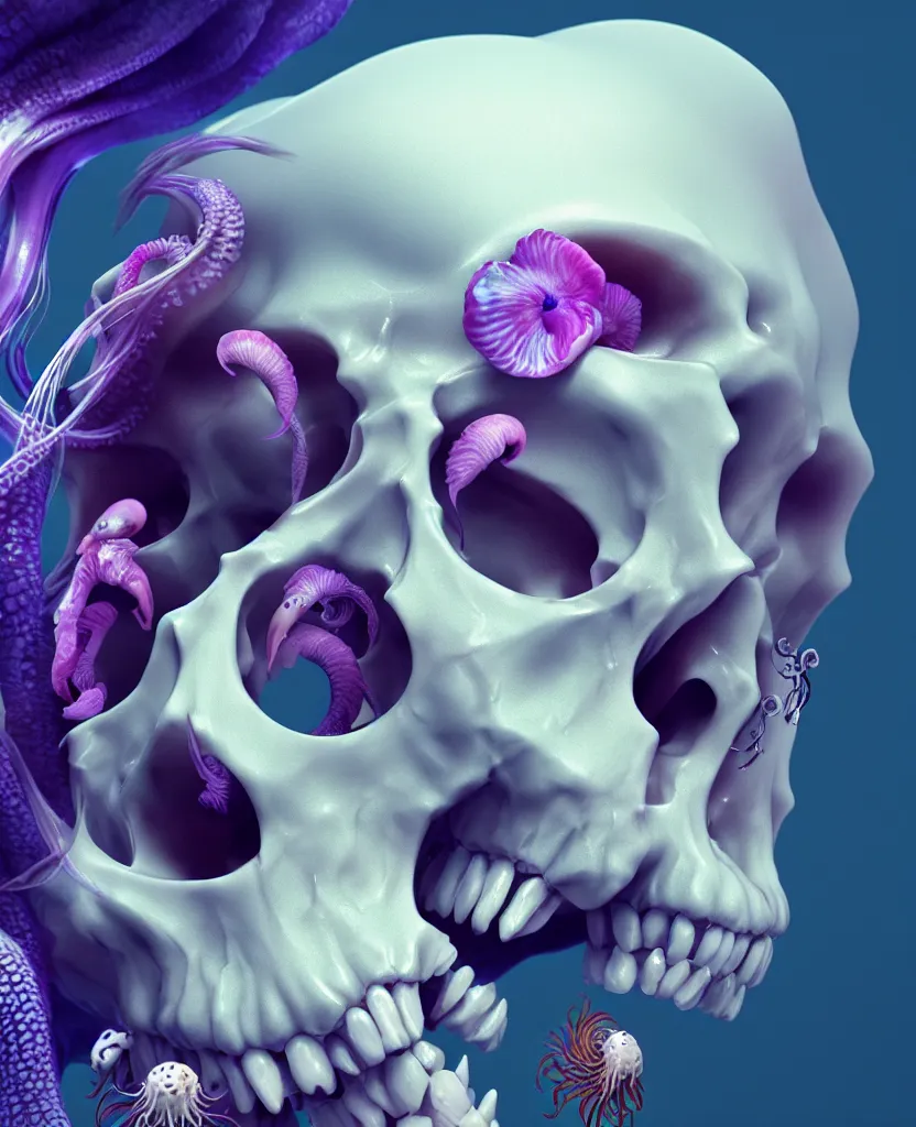 Image similar to goddess close - up portrait human skull, ram skull, squid phoenix jellyfish, orchid, betta fish, bioluminiscent, intricate artwork by tooth wu and wlop and beeple. octane render, trending on artstation, greg rutkowski very coherent symmetrical artwork. cinematic, hyper realism, high detail, octane render, 8 k