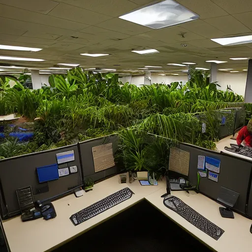 Image similar to a jungle filled with cubicle office workers, twilight,