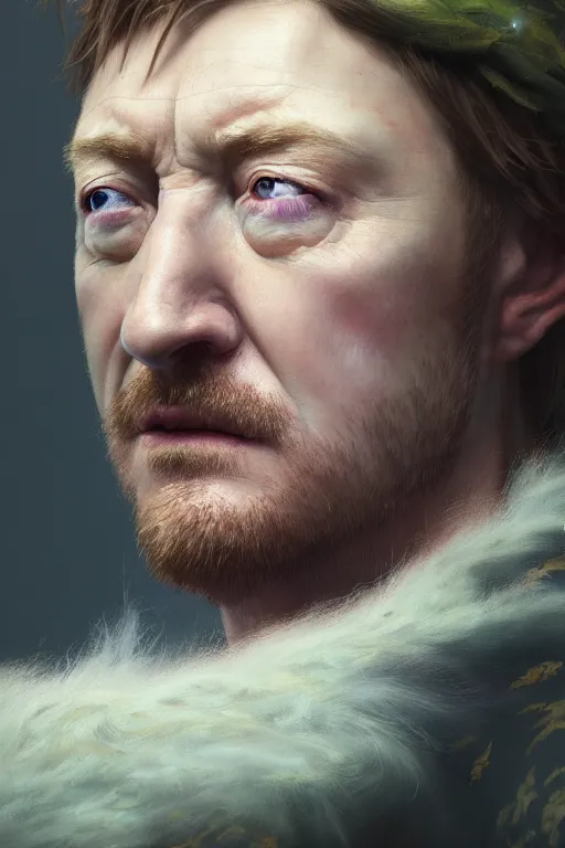 Image similar to ultra detailed close up facial portrait of rhys darby, extremely detailed digital painting, in the style of fenghua zhong and ruan jia and jeremy lipking and peter mohrbacher, mystical colors, rim light, beautiful lighting, 8 k, stunning scene, raytracing, octane, trending on artstation