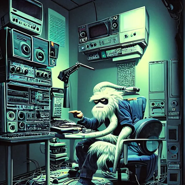 Prompt: a portrait of an anthropomorphic cyberpunk yeti podcasting while working in his secret electronics lab, detailed render, tape deck, hanging microphone, boombox, headphones, epic composition, cybernetics, 4 k realistic, cryengine, realistic shaded lighting, sharp focus, masterpiece, by matteo scalera, gary montalbano, peter elson in the style of the tokyo ghost comic