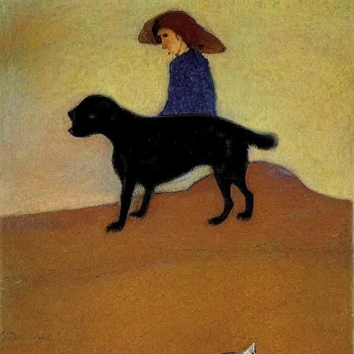 Prompt: a woman and her black and brown chihuahua by the sea by odilon redon