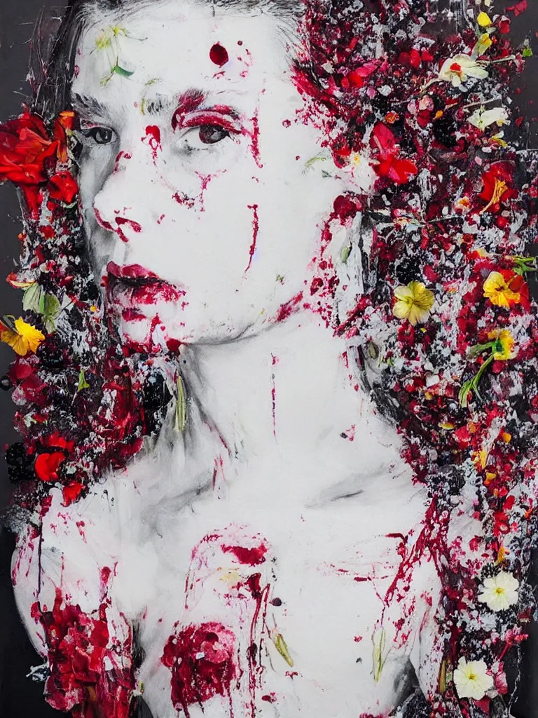 Image similar to “art in an Australian artist’s apartment, portrait of a woman wearing loose white cotton clothing, stained with fresh berries and maple syrup, edible flowers, acrylic and spray paint and oilstick on canvas”