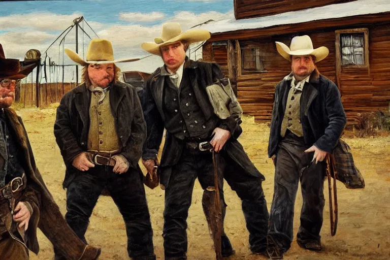 Prompt: realistic oil painting of phillip seymour hoffman and two - bandits in a busy old west town