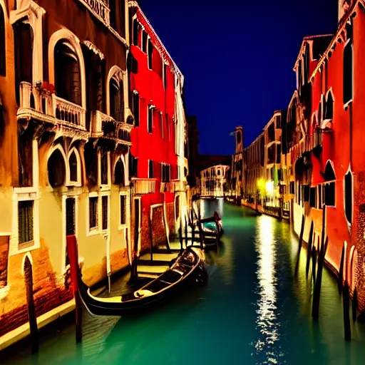 Prompt: venice at night, colorful lights, magical