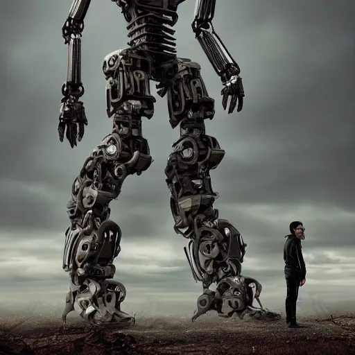 Prompt: A large humanoid robot, full body, facing forward, bleak tone, post apocalyptic, Nuttavut Baiphowongse, Mark Armstron, amad, rendered by octane, 8k, ultra 8k, hyper realistic, photorealistic, photo