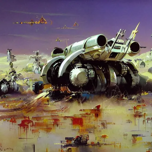 Prompt: a futuristic land walking vehicle with six robot legs and a huge cannon, painting by john berkey