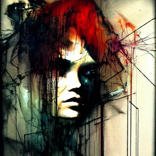 Image similar to portrait of a beautiful young woman cyber dreamer glitchcore wires, machines, by jeremy mann, francis bacon and agnes cecile, and dave mckean ink drips, paint smears, digital glitches glitchart