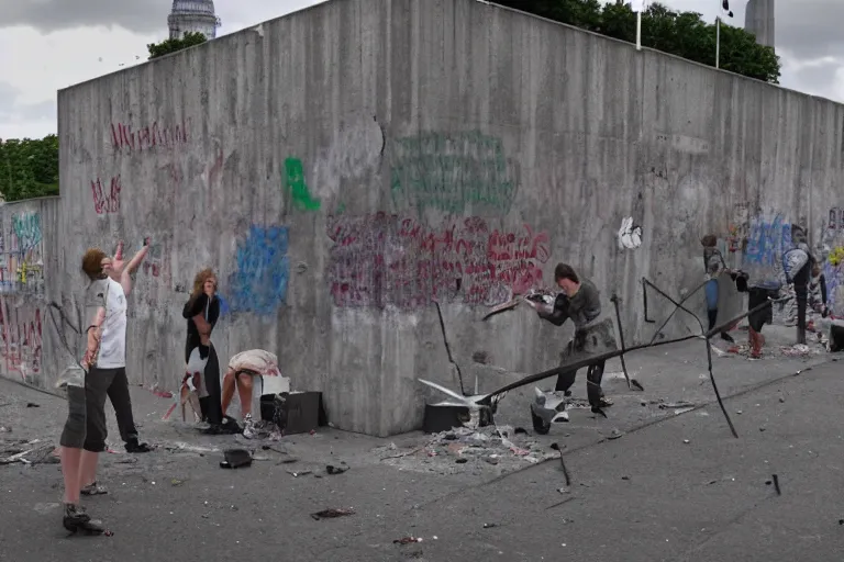 Prompt: people destroying the berlin wall, storyboard style, 3 d