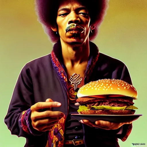 Image similar to portrait of Jimi Hendrix eating hamburgers, extra onions and ketchup, luscious patty with sesame seeds, feminine ethereal, handsome, D&D, fantasy, intricate, elegant, highly detailed, digital painting, artstation, concept art, matte, sharp focus, illustration, art by Artgerm and Greg Rutkowski and Alphonse Mucha