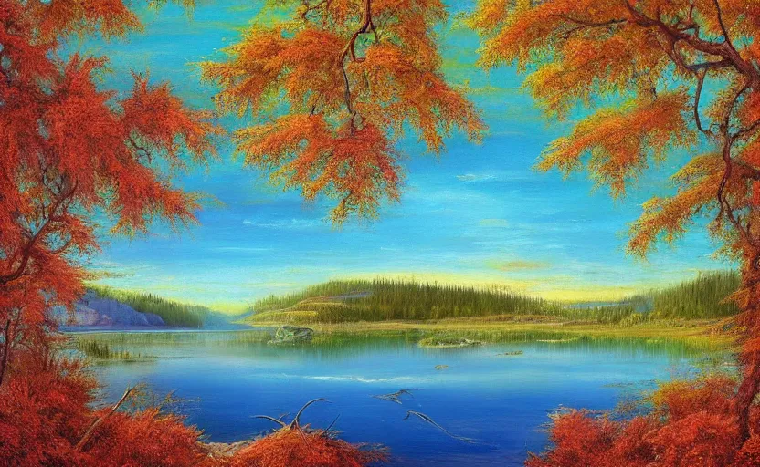 Image similar to beautiful award winning mythical painting of a canadian lake, extreme detail, 4 k, ultra hd