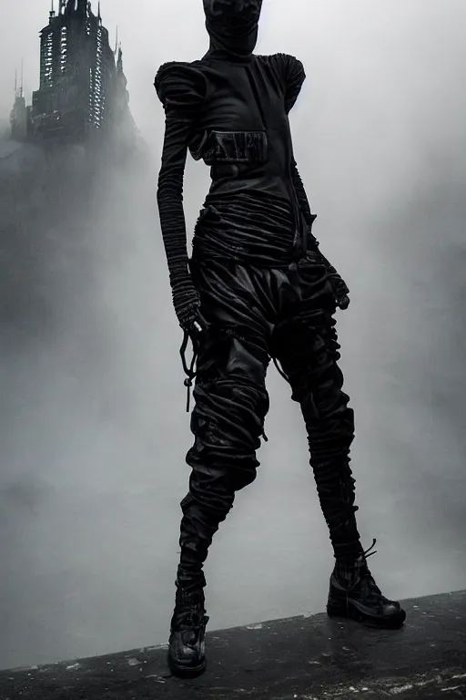 Prompt: avant garde techwear look and clothes, we can see them from feet to head, highly detailed and intricate, hypermaximalist, dystopian futuristic castle background, eerie fog, luxury, Rick Owens, Errolson Hugh, Yohji Yamamoto, cinematic outfit photo