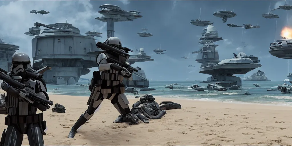 Image similar to shore troopers, on scarif, ea star wars battlefront 2015, highly detailed