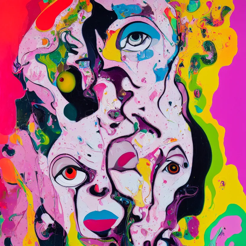 Image similar to woman holding a baby, an ultrafine detailed painting by peter max and francis bacon and fiona rae and maryam hashemi and hernan bas and anna mond, featured on deviantart, metaphysical painting, pop surrealism, melting paint, biomorphic, mixed media, photorealistic, dripping paint, palette knife texture, masterpiece