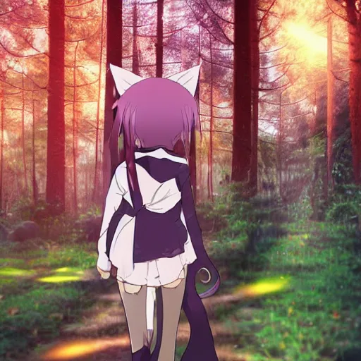 Image similar to anime catgirl spotted in forest, photograph at night with flash