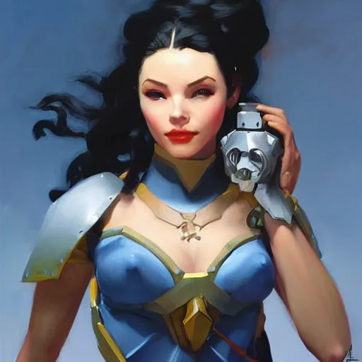 Image similar to greg manchess portrait painting of arwen as overwatch character, medium shot, asymmetrical, profile picture, organic painting, sunny day, matte painting, bold shapes, hard edges, street art, trending on artstation, by huang guangjian and gil elvgren and sachin teng