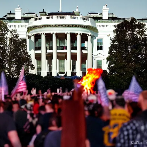 Image similar to a still candid image of hundreds of stormtropers rioting in front of a the white house in washington.!!!, dusk, fire, smoke, kaos, flaming torches and flags