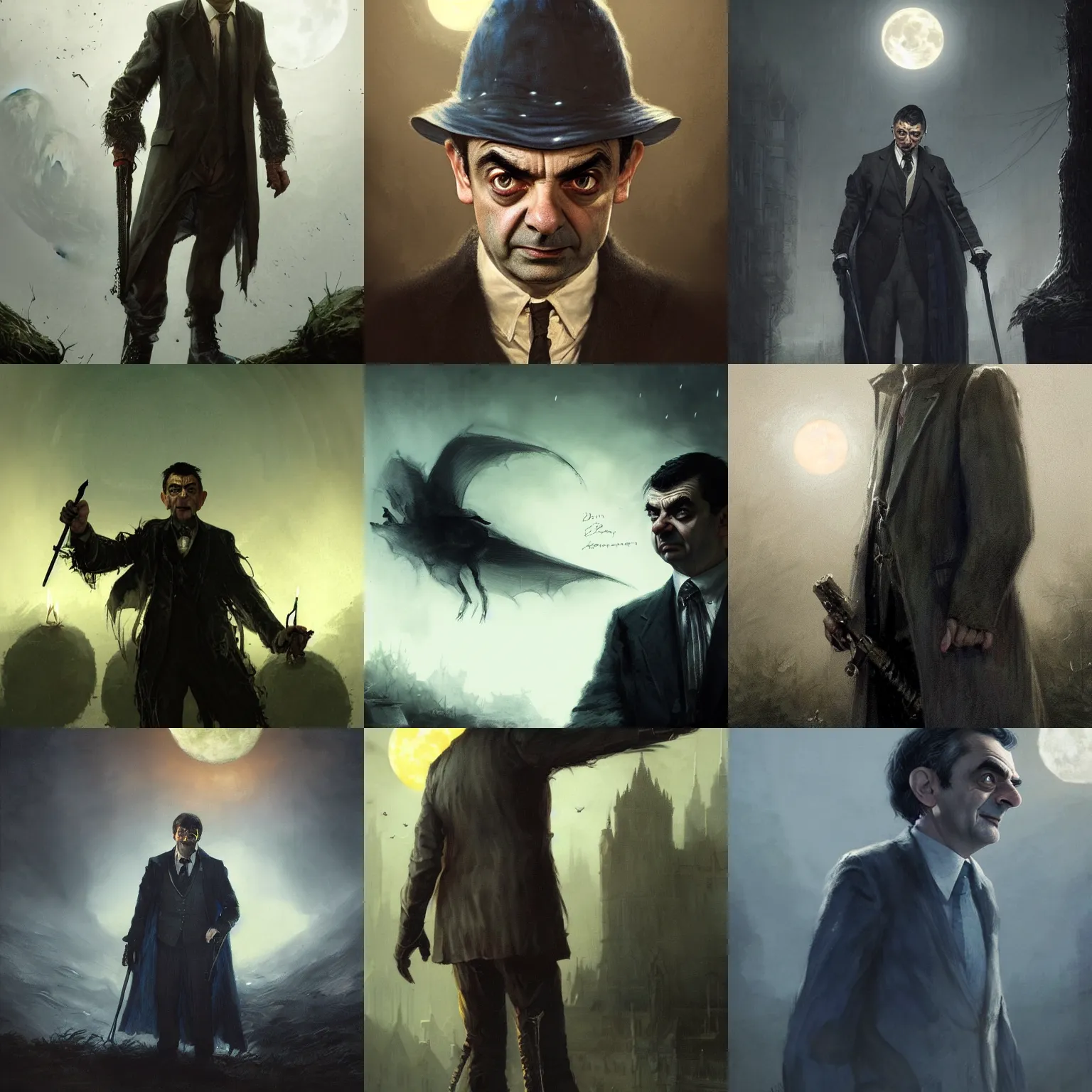 Prompt: Mr. Bean (Rowan Atkinson) as a badass ((vampyre hunter)), full moon, blue lights, hyperrealistic, detailed, dramatic, dark fantasy concept art illustration by Greg Rutkowski, J.Dickenson and Rembrandt, trendin on ArtStation