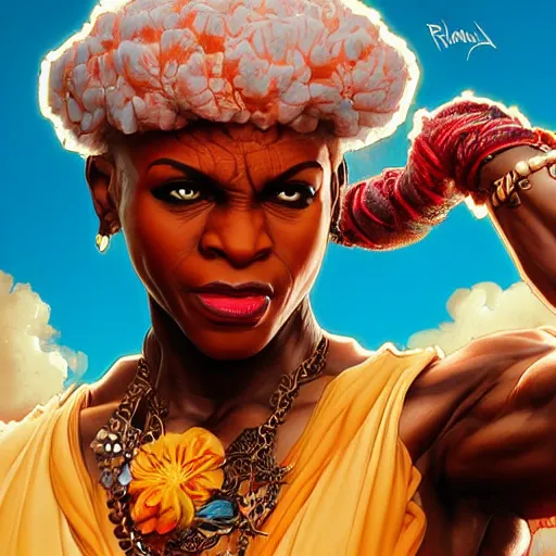 Image similar to ruby rhod as dhalsim street fighter, 4 k, ultra realistic, detailed focused art by artgerm and greg rutkowski and alphonse mucha