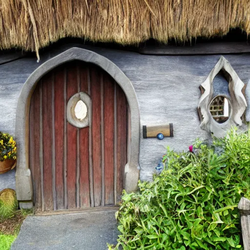 Prompt: rat looking out front door of bag end in hobbiton