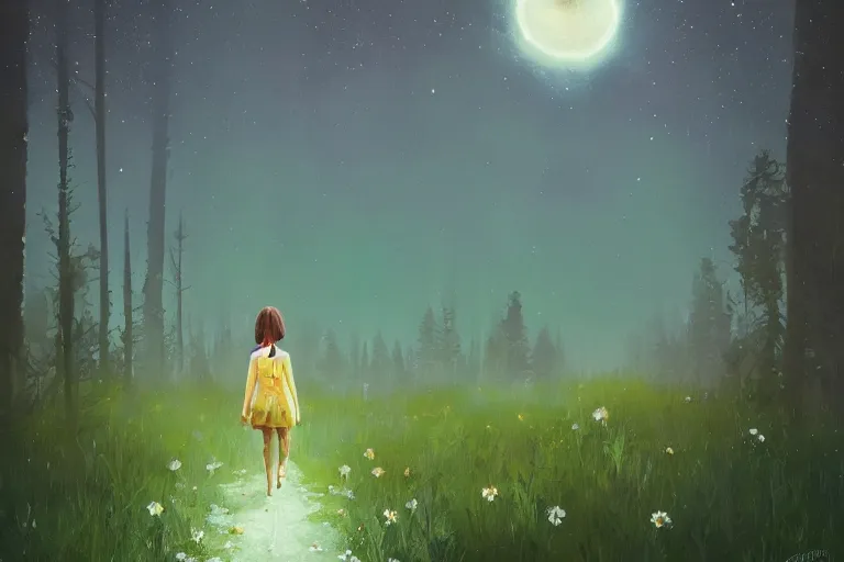 Image similar to giant daisy flower as face, girl walking in forest, surreal photography, dark night, stars, moon light, impressionist painting, clouds, digital painting, artstation, simon stalenhag