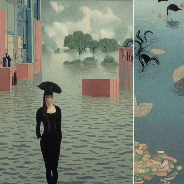 Image similar to tall female emo vegan socialist artist in their flooded apartment, painting of flood waters inside an artist's home, a river flooding indoors, pomegranates, pigs, ikebana, zen, water, octopus, river, rapids, waterfall, black swans, canoe, berries, acrylic on canvas, surrealist, by magritte and monet