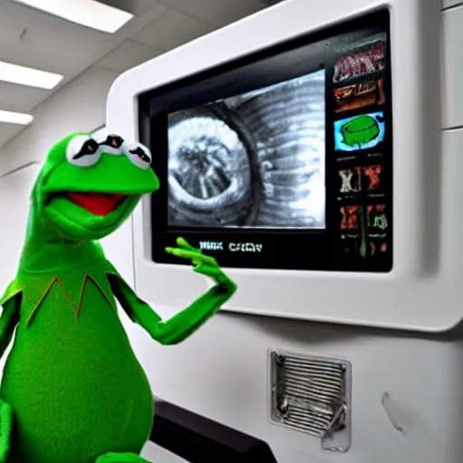 Image similar to screaming Kermit the Frog trapped inside an MRI machine