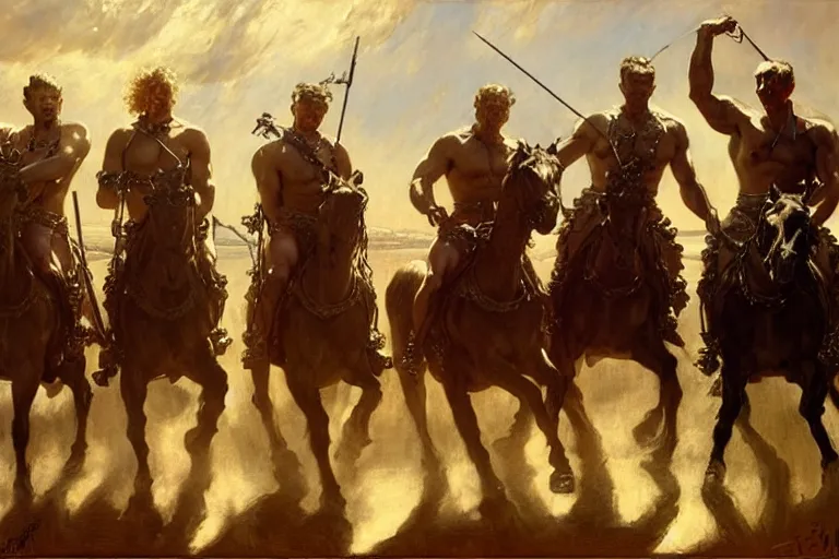 Image similar to the four horsemen of the apocalypse, painting by tom of finland, gaston bussiere, craig mullins, j. c. leyendecker