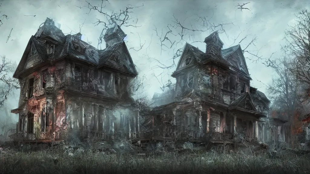 Prompt: a haunted destroyed house, trending on artstation, wide view, cinematic view, cinematic, 8 k, digital photo, unreal engine, colored paint, colorful paint, scary style