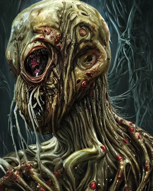 Image similar to Dark fantasy Painting of a hulking muscular EXTRATERRESTRIAL flesh creature covered in boils with fish eyes with drool dripping from its mouth, hr giger muscles, tentacles growing from its face, disgusting, creepy, unsettling, horror, upper body, intricate, wild, highly detailed, digital painting, artstation, concept art, smooth, sharp focus, illustration, art by artgerm and greg rutkowski and alphonse mucha