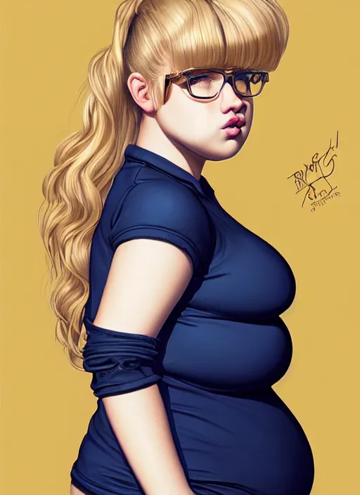 Prompt: full body portrait, teenage betty cooper, blonde hair, obese, bangs, ponytail, sultry, realistic, sultry smirk, fluffy bangs, curly bangs, fat, belly, beautiful girl, intricate, elegant, highly detailed, digital painting, artstation, concept art, smooth, sharp focus, illustration, art by wlop, mars ravelo and greg rutkowski