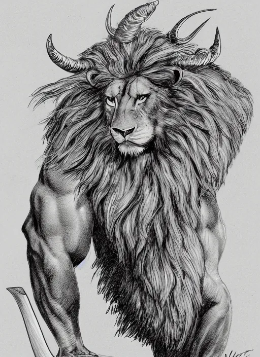 Image similar to a mighty strong creature with the body and eyes of a man, with the ( ( beak ) ) of an eagle, the mane of a lion, and the horns of an ox. drawn by boris valejo