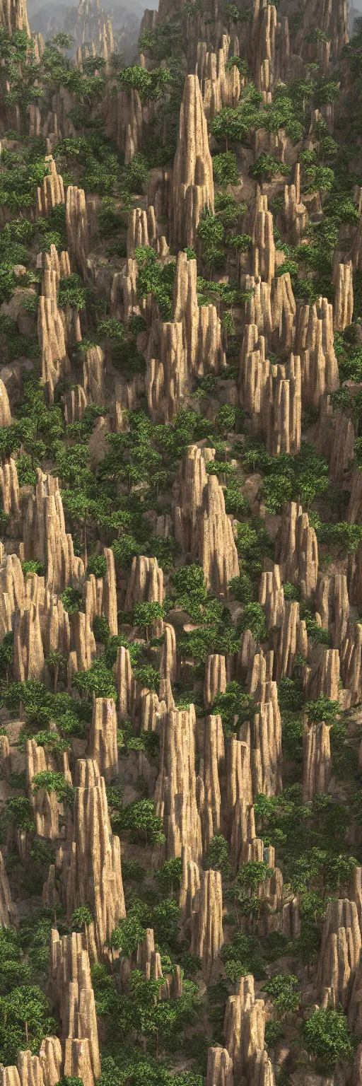 Image similar to photo of vertical golden tower, stacked ancient village, arid mountains and lush palm forest, photo realism, sharp focus, octane