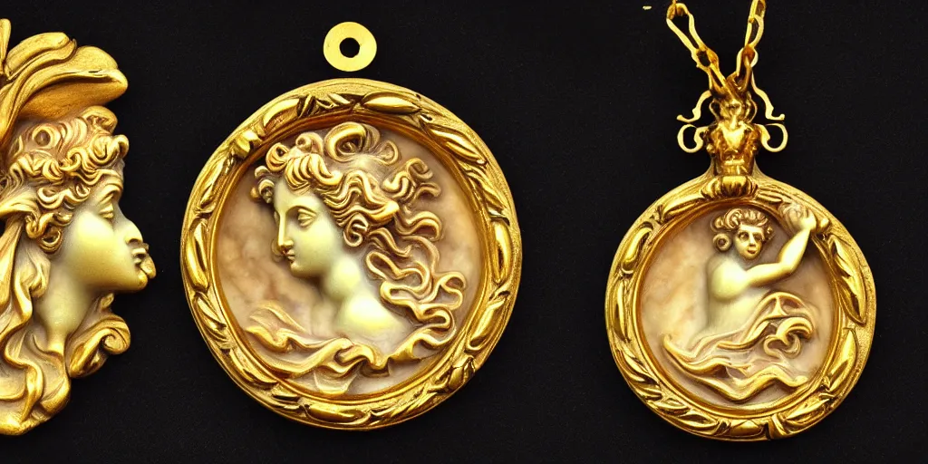 Prompt: Venus Athena beautiful gracious pagans baroque marble and gold medallions in space clouds winged angels greeks, baroque and rococo ornaments, decorative golden elements, ultrarealistic