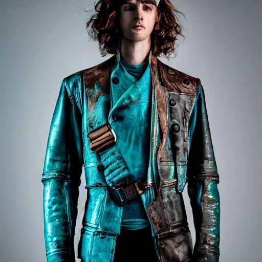 Prompt: an award - winning closeup editorial photo of a male model wearing a teal distressed baggy medieval leather menswear jacket by alexander mcqueen, 4 k, studio lighting, wide angle lens