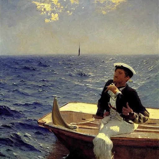 Prompt: a sailor spotting the tip of a shark’s fin over the side of the boat. By Ilya Repin and Geoffroy Thoorens