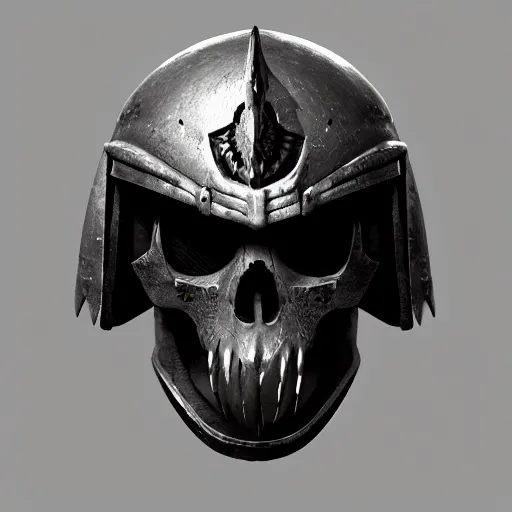 Prompt: warhammer 4 0 0 0 0 space marine, raven skull helmet, terrifying, grimdark, horror, war, photorealistic, front view, symmetrical, artstation, dark souls style