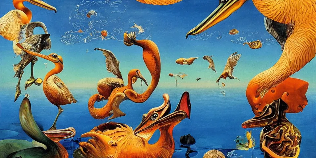 Image similar to a beautiful abstract with goldfish, pelicans and a human couple in an alien landscape by salvador dali and gerald brom